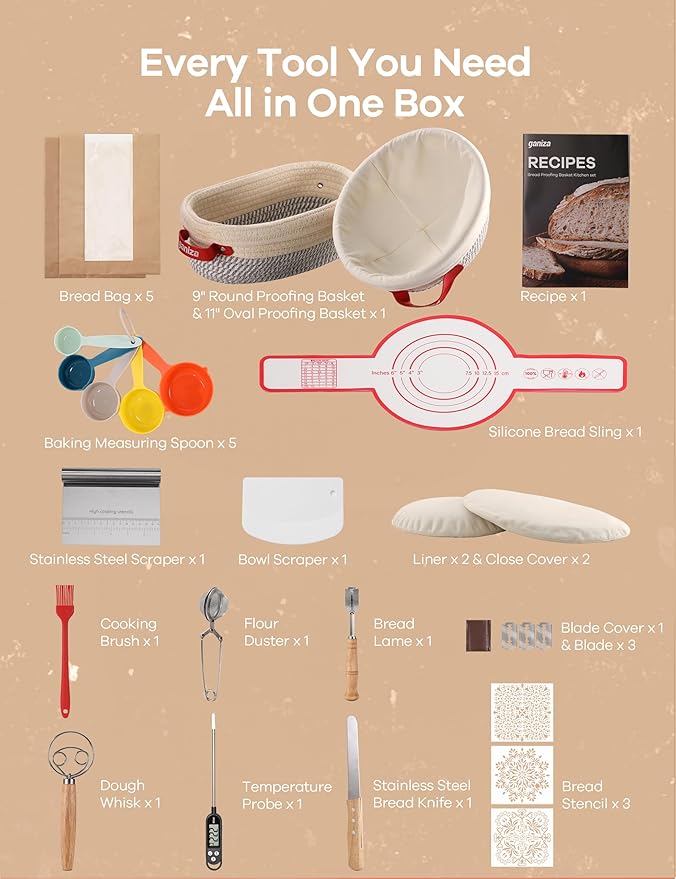 Ganiza Sourdough Starter Kit, Cotton Rope Sourdough Bread Baking Supplies, 9'' Round & 10'' Oval Banneton Basket with Liners & Covers, Sourdough Proofing Basket Kit Gifts for Bakers Women Wife Mom