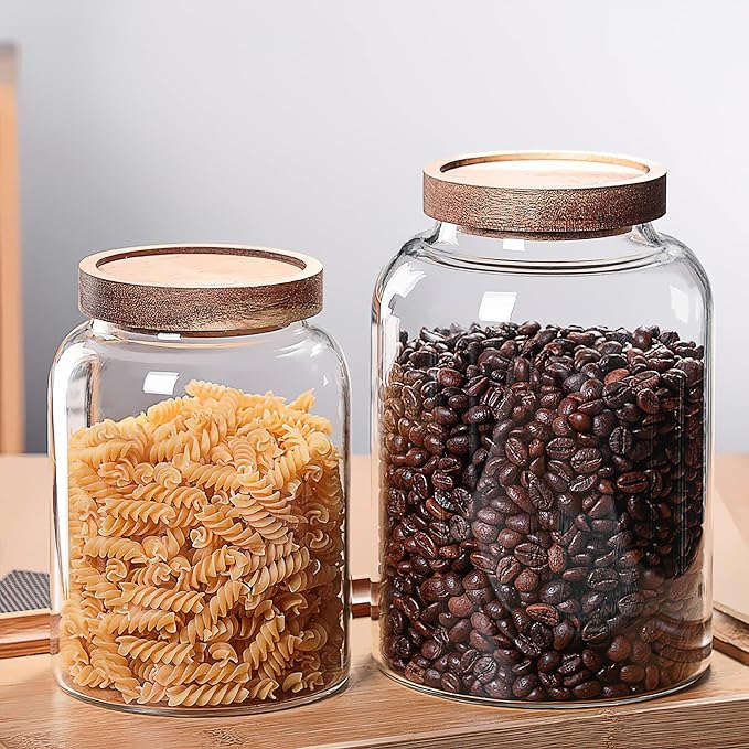 MOLFUJ 2500ML 83FL Oz Glass Storage Container with Wood Lid Large Decorative Organizer Bottle Canister Pantry Jar with Air Tight Wooden Lid for Food Coffee Candy Cereal Rice Flour Pop Spaghetti