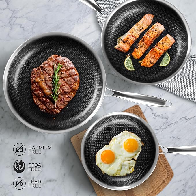 Innerwell 6 Piece Stainless Steel Frying Pan Set with Lids, Nonstick Honeycomb Frying Pan Set, 3pcs W/Stay Cool Handle, Skillet Works Pan for Cooking with Induction, Gas, Ceramic & Electric Stovetops