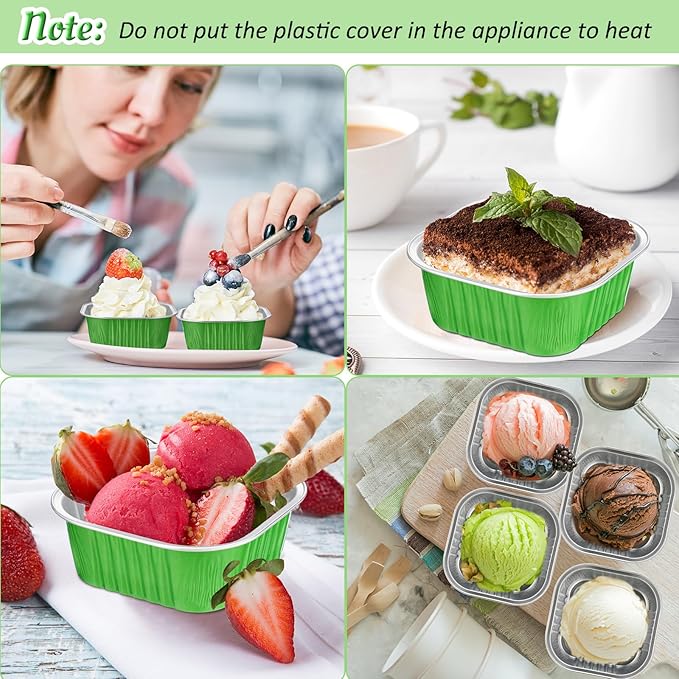 Aoriher 150 Pieces 10 oz Mini Cake Pans with Lids Aluminum Foil Baking Cups Square Disposable 4" x 4" Large Cupcake Cups Baking Tins for Kitchen Brownie Pudding Desserts Holders(Green)