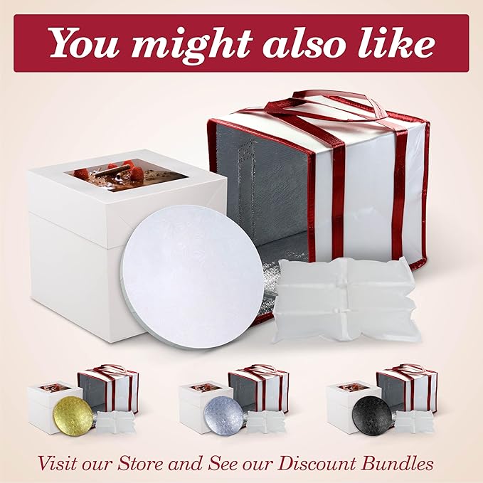 Cakebon Cake Boxes with Boards - 12 Inch Round Cake Drum Silver - Box With Window for Birthdays, Weddings and Parties (1pc Each, 2pcs Total)