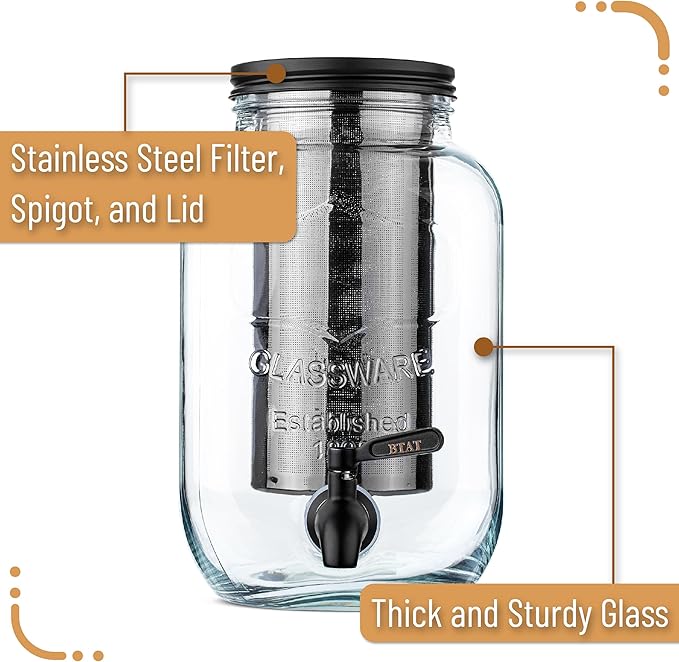BTaT- Cold Brew Coffee Maker, 1 Gallon, Black, Mason Jar Cold Brew Maker, Cold Brewer Coffee Maker, Cold Brew Mason Jar Coffee Maker, Cold Brew Tea Maker, Iced Coffee Maker, Coffee Cold Brew Maker
