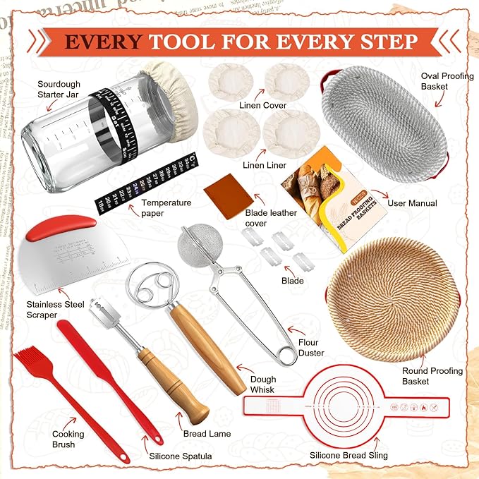 Sourdough Starter Kit,Banneton Bread Proofing Basket with Liner,Woven Bread Proofing Basket for artisan sourdough bread making,Sour Dough Bread Making Tools,Gifts for Bakers,Women,Mom,Wife