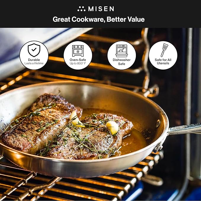 Misen 5-Ply Stainless Steel 12" Frying Pan - Professional Cookware for Induction, Gas and Electric - Dishwasher Safe, Oven Safe to 800°F - Durable, Versatile, Even Heating