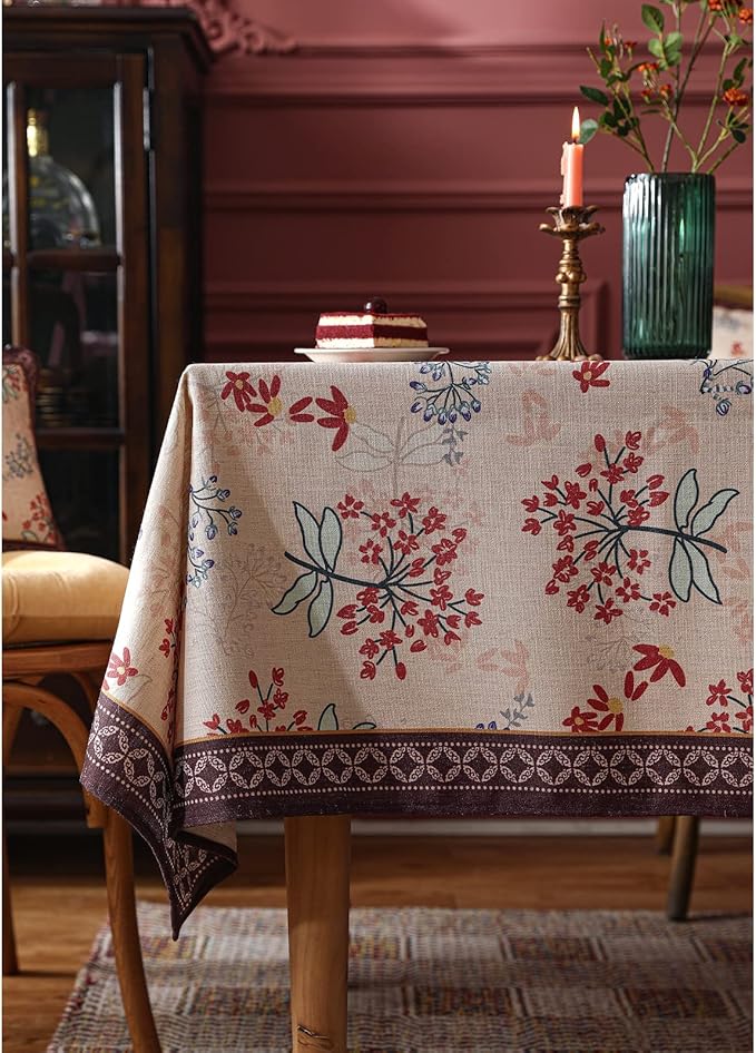patdrea Designer Linen Extra Long Rectangular Table Cloth,Vintage Red Floral Tablecloth,Breathable Table Cover for Kitchen Dining,Tea Party,Christmas,Thanksgiving,Holiday,63"x110"-Newmari