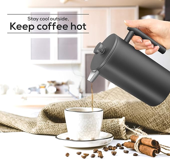 Utopia Kitchen French Press Coffee Maker, Double Wall Insulated Stainless Steel Coffee Press with 4-Level Filtration system, Includes 2 Extra Filters, Rust-Free, Dishwasher Safe (Black, 17 Ounce)