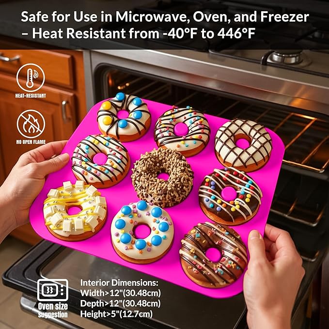 Large Silicone Donut Pan for Baking, 9 Cavity Non-Stick Food Grade Silicone Donut Molds, Doughnut Pan and Bagel Pans for Baking & Kitchen, BPA Free 11.2 x 11.1 Inches, Dishwasher Safe - Hot Pink