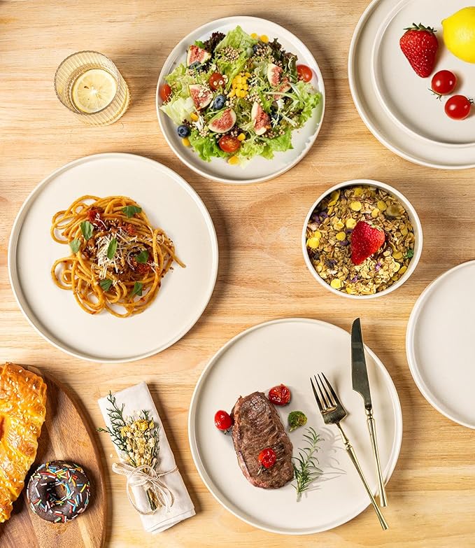 TheTerra Ceramic Dinnerware Sets for 6, 18 Pieces Handmade Reactive Glaze Plates and Bowls Set, Scratch Resistant Dish Set, Oven & Microwave & Dishwasher Safe, Matte White