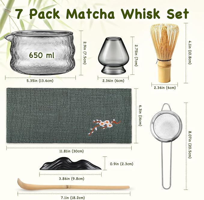OUTXE Matcha Whisk Set, 7 PCS Matcha Kit for Ceremony, with Clear Matcha Bowl, Spout, Bamboo Whisk& Holder, Stainless Steel Sifter, Japanese Ceremonial Gift for Family/Friend/Macha Lover Starter