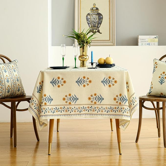 ISAENNE Designer French Pale Yellow Long Tablecloth Rectangle,Linen Floral Table Cloth,Wrinkle Resistant Decor Tablecloths for Dining Thanksgiving Banquet Kitchen Party,63"*94"-Estevan A