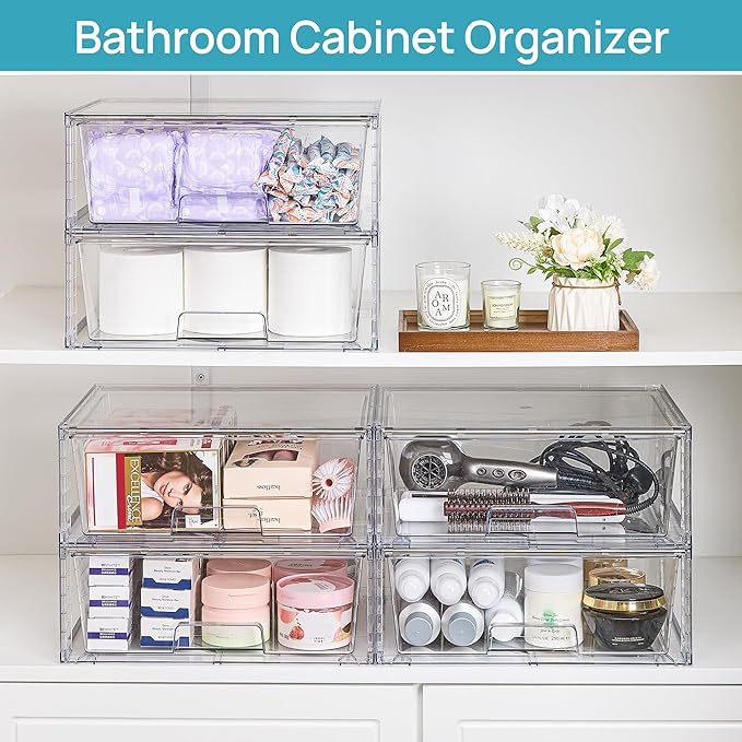Vtopmart 4 Pack Large Stackable Storage Drawers,Easily Assemble Acrylic Bathroom Closet Undersink Organizers and Storage,Plastic Storage Bins for Kitchen Cabinets,Pantry,Makeup,Medicine Organization