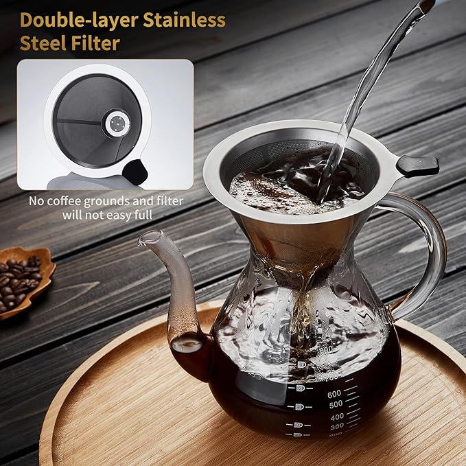 Unbreakable - Pour Over Coffee Maker with Double Stainless Filter 34 fl oz, Thickened Heat-Resistant Borosilicate Glass Pour Over Coffee Dripper, Stovetop Safe