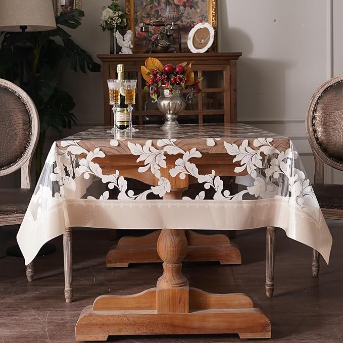 Waterproof Clear Table Cover Protector Vinyl Rectangle Table Cloth Oil Spill Proof Wipe Clean Plastic Tablecloths for Dining Tables (Scroll Grass, 60 x 120 Inches)