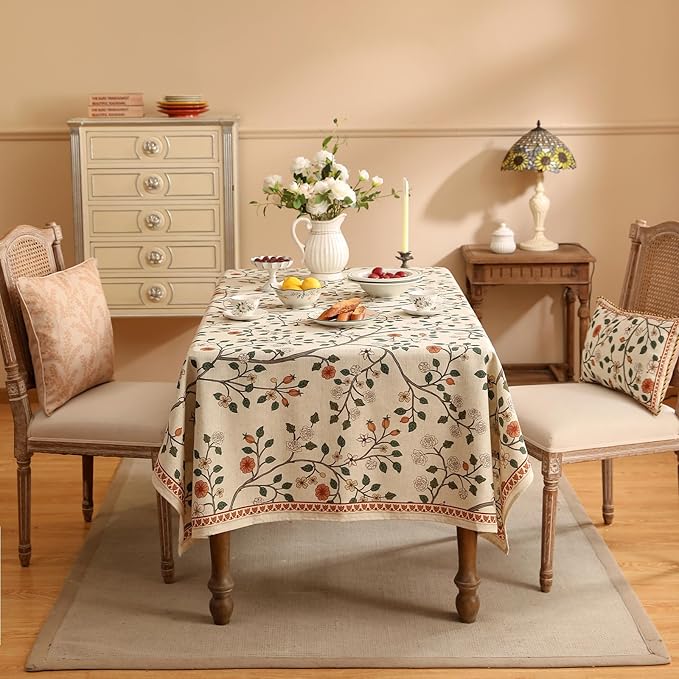 ISAENNE Designer Floral Table Cloth for Rectangle Table,French Linen Light Beige Indoor Tablecloth,Fall Wrinkle Resistant Decor Tablecloths for Dining Thanksgiving Kitchen,55"*79"-Flora A