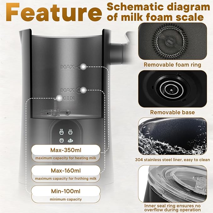 Milk Frother and Steamer,4-in-1 Electric Milk Frother for Latte Cappuccino Hot Chocolate，11.8oz/350ml Automatic Hot & Cold Foam Maker and Milk Warmer for Dairy