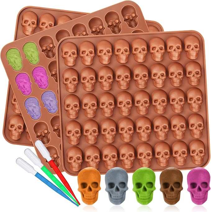 3 Pack Gummy Skull Silicone Candy Molds, Halloween Mini Skull Mold with 3 Droppers Non-stick Candy Molds