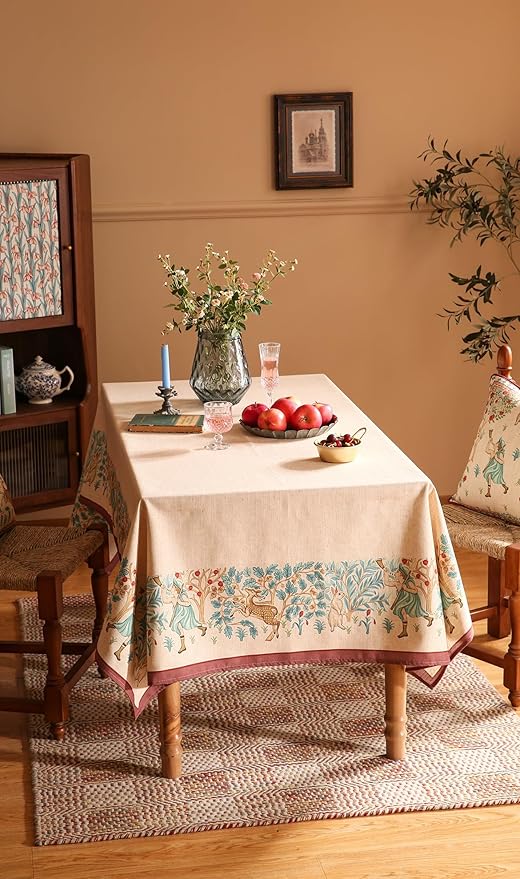 patdrea Designer French Beige Long Tablecloth for Rectangle Table,Vintage Breathable Linen Trees Pattern Table Cloth,Decor Cover for Kitchen Dining Christmas,Thanksgiving,63"x94"-Tatiana D