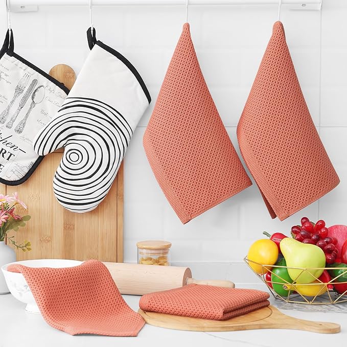 Homaxy 100% Cotton Waffle Weave Kitchen Dish Cloths, Ultra Soft Absorbent Quick Drying Dish Towels, 12 x 12 Inches, 6-Pack, Coral