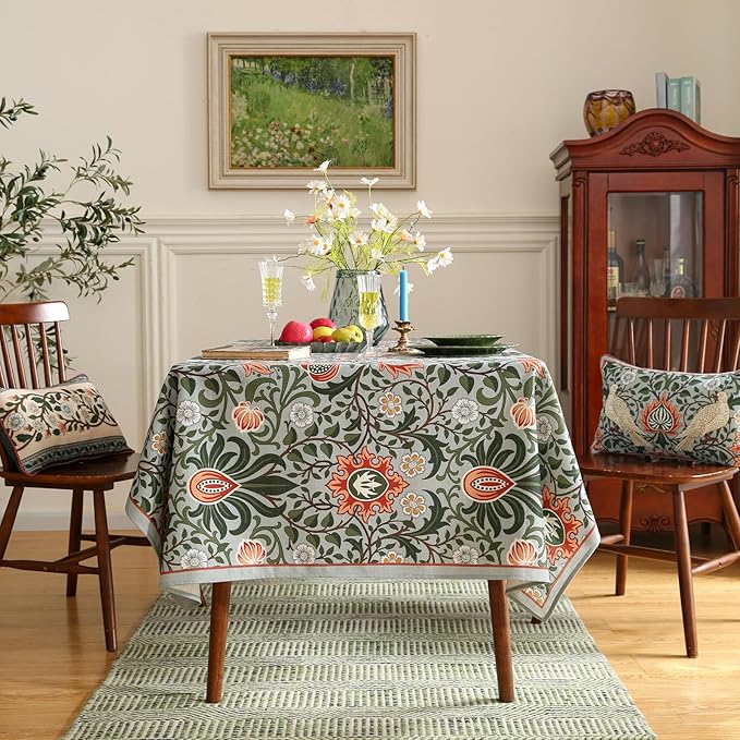 ISAENNE Designer Bohemian Linen Green Extra Long Rectangle Tablecloth,Floral Indoor Table Cloth,Stain Resistant Decor Tablecloths for Dining Thanksgiving Kitchen Party Christmas,67"*118"-Naples
