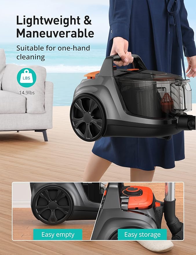 Aspiron Canister Vacuum Cleaner, 30Kpa Bagless Vacuum Cleaners, 3.7QT Large Dust Cup, Double HEPA Filter, Retractable Cord, 1600W Lightweight Vacuum Cleaner with 5 Tools for Hard Floors, Tangerine