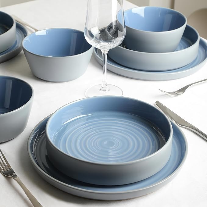 Stone Lain Elica 24-Piece Modern Dinnerware Set Stoneware, Plates and Bowl Sets for 8, Blue and Grey