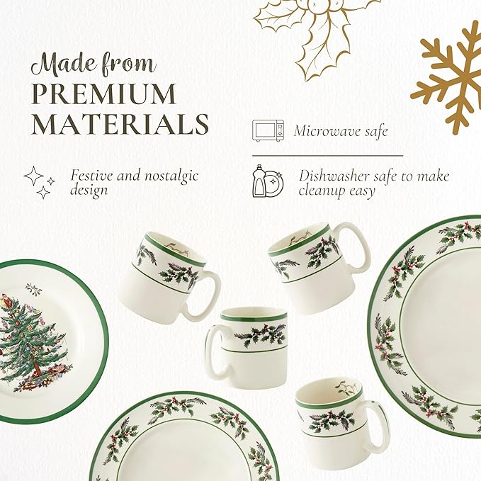Spode Christmas Tree 12-Piece Dinnerware Set (Service for 4) - Festive Holiday Tableware with Plates & Mugs - Fine Earthenware Christmas Dinnerware - Microwave & Dishwasher Safe