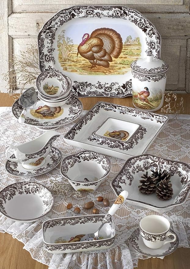 Spode Woodland Turkey Round Platter - 12" Fine Porcelain Serving Tray with British Flowers Border, Rustic Thanksgiving Design - Microwave, Dishwasher, Freezer & Warm Oven Safe - Made in England