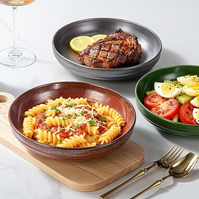 HAPPY KIT Stoneware Pasta Bowls 9'', Set of 4, 42 Oz, Reactive Glaze Large Salad Bowls, Ceramic Serving Bowls for Fruit,Soup,Noodle, Dinner, Scratch Resistant, Bronze Gray
