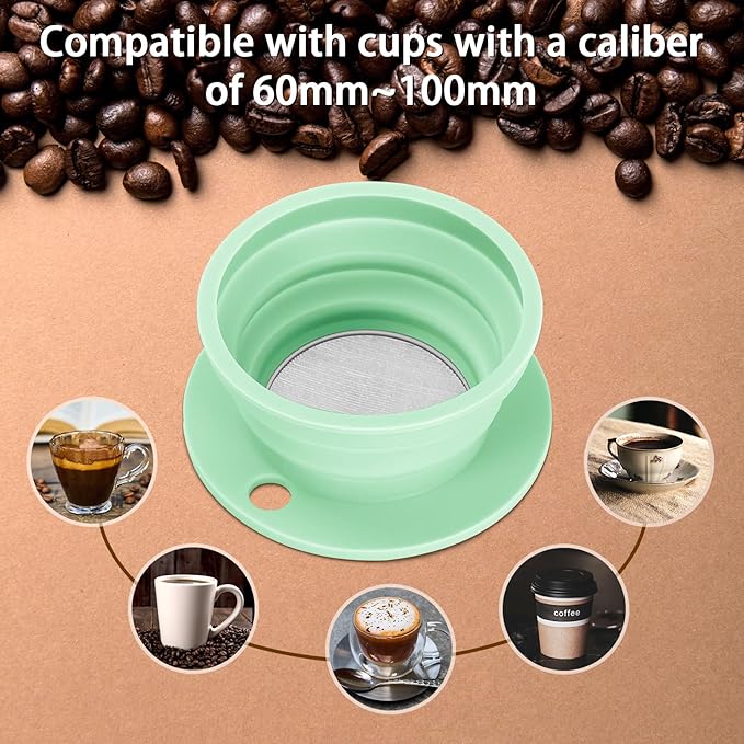 Collapsible Travel Pour Over Coffee Maker Camping, Paperless Silicone Collapsible Pour Over Coffee Dripper with Metal Coffee Filter, Portable Coffee Strainer Pour Over Cup Single Serve (Green)