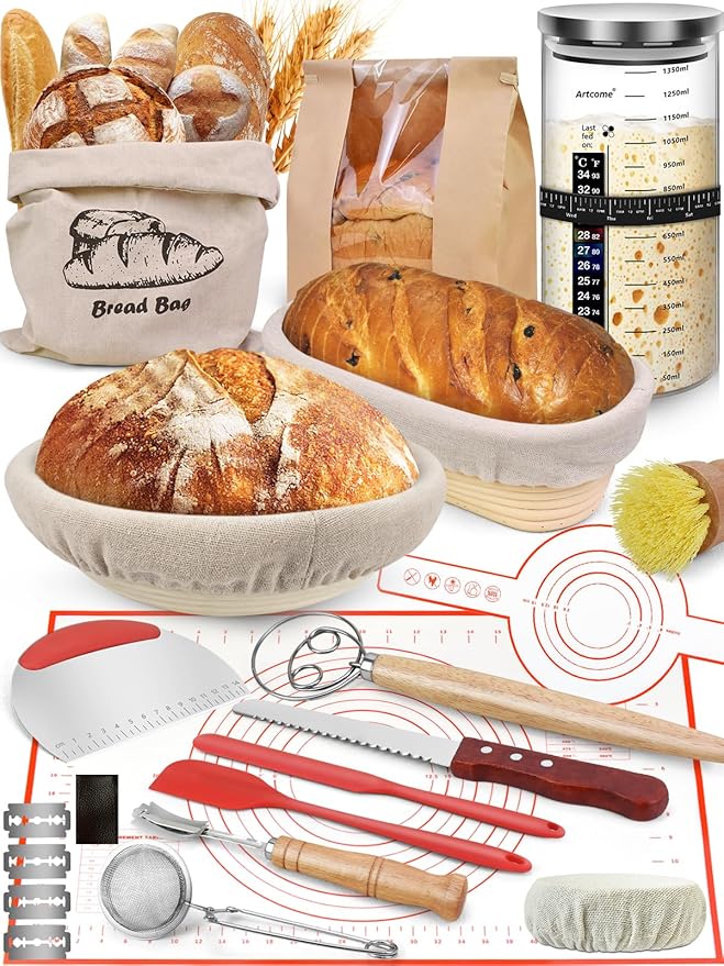 Sourdough Bread Baking Kit - Breads Making Tools - Complete Sourdough Starter Kit with Proofing Baskets, Jar, Dough Whisk, Pastry Mat, Bread Knife & Tools - Gifts for Bakers Women & Moms