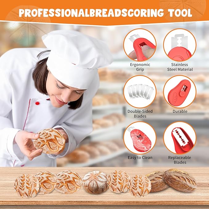 Extractable & Magnetic Bread Lame Dough Scoring Tool - Professional Sourdough Scoring Tool - Sourdough Bread Baking & Bread Scoring Tool - Scoring Patterns booklet & 5 Razor Blades (Red)