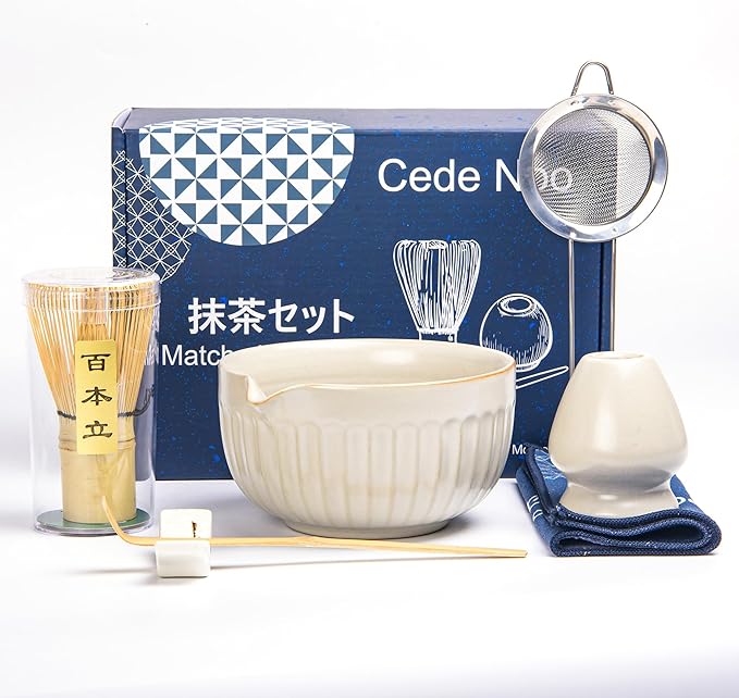 Matcha Whisk Set, Japanese Tea Ceremony Kit, 18oz Spout Bowl, Bamboo Whisk Scoop, Ceramic Holder Sifter Towel,7 pcs Matcha Tea Kit for Matcha Lovers, Christmas, Birthday Gift(White)