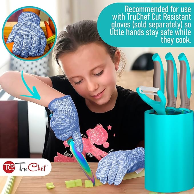 5-Piece Kids Cooking Chef Knife Set | Real Stainless Steel Knives with Peeler, Serrated Knife & Holder | Kids Safe Rounded Tips, Easy-Grip Handles | Kitchen Knife Set (5 pcs, Aqua)