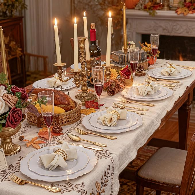 WDF 200 Pieces Gold Plastic Silverware Disposable - 50 Guests Heavy Duty Thanksgiving Gold Plastic Cutlery - Disposable Utensils Includes 100 Forks, 50 Spoons, 50 Knives Perfect for Party/Weeding