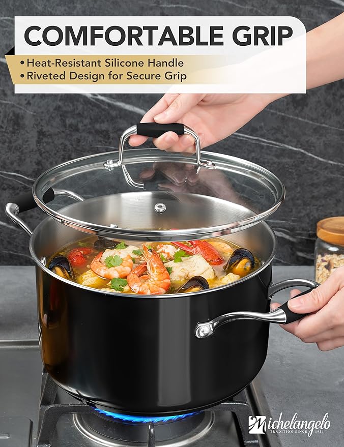 MICHELANGELO Stainless Steel Cooking Pot - 6 Quart Soup Pot with Lid, Non-Toxic Stockpot Induction Compatible, Oven & Dishwasher Safe, Black Exterior