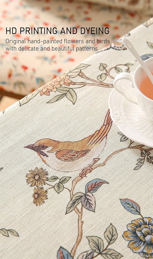ISAENNE Designer French Light Beige Long Tablecloth Rectangle,Linen Florals and Birds Pattern Table Cloth,Anti-Wrinkle Decorative Tablecloths for Dining Thanksgiving Kitchen,63"*102"-Cornucopia
