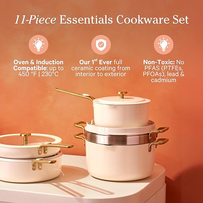 Our Place 11-Piece Essentials Complete Cookware Set - Ceramic Fry Pan, Saucepan, Sauté Pan, Stock Pot, Strainer Basket & Rack Storage | Thermakind™ Nonstick, Oven Safe up to 450°F | Char