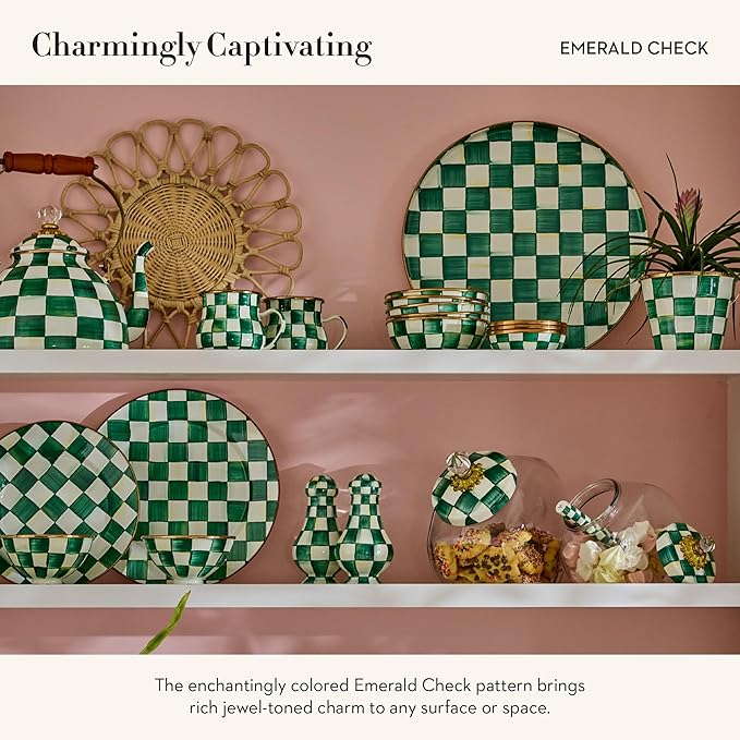MACKENZIE-CHILDS Cookie Jar with Enamel Lid, Large Glass Treat Jar or Kitchen Jar, 1-Gallon Capacity, Green-and-White Emerald Check