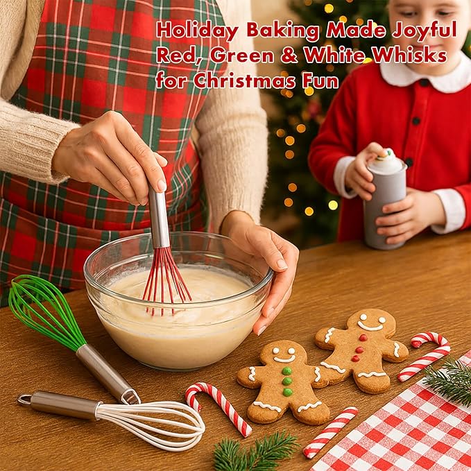 Christmas Whisk Set – 3 Sizes (12”, 10”, 8”) – Holiday Red, Green & White Stainless Steel Whisks for Baking, Cooking & Mixing, Christmas Gift for Bakers & Home Chefs