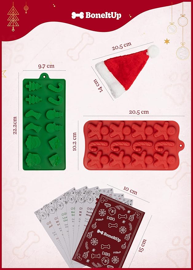 Dog Treat Kit for Christmas – 2 Silicone Christmas Edition Cookie Molds, 5 Cookie Cutters, 10 Recipes, Bow, Dog Hat, 4 Decorating Balloons, Decorating Pen – Ideal DIY Kit for Dogs Lover