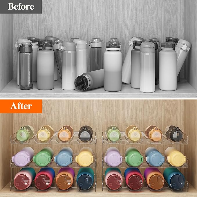 Lifewit Stackable Water Bottle Organizer for Cabinet, Plastic Bottle Holder Fits Bottles & Tumblers up to 3.8" Diameter, Pantry, Countertop & Fridge, 3 Tier Holds 12 Bottles, 2 Pack