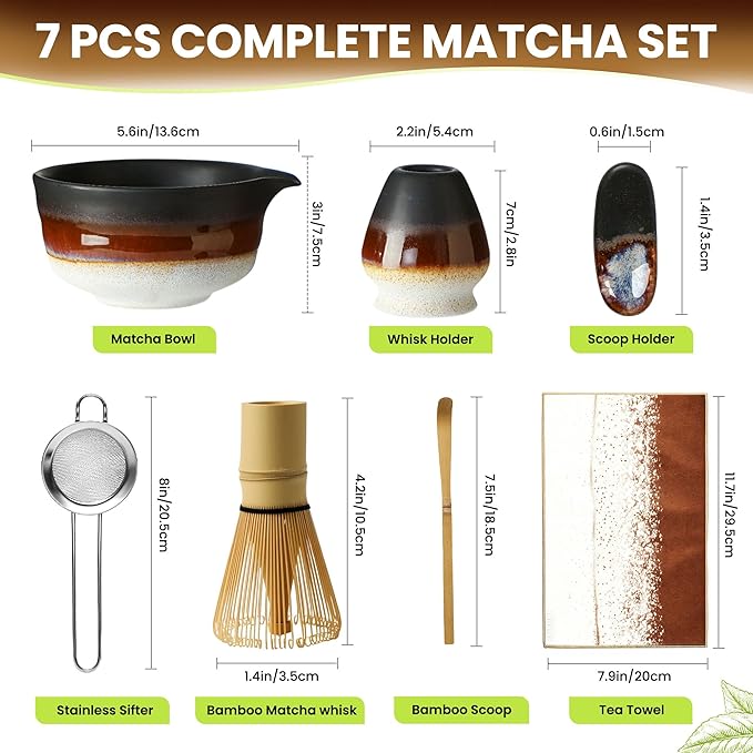 Matcha Whisk Set, Ceramic Matcha Set Desert Series, Matcha Bowl, Matcha Whisk and Holder, Bamboo Scoop, Scoop Rest, Sifter and Tea Towel 7 Pcs Matcha Kit for Birthday Christmas Gift (Matte Black)