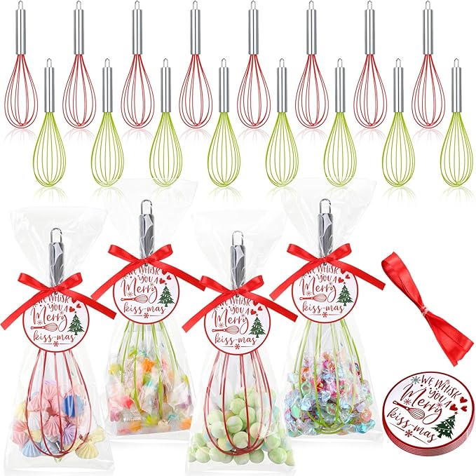 16 Sets 10 Inch Christmas Whisks Gifts DIY Fillable Christmas Tree Ornaments Xmas Colored Silicone Whisks for Cooking Heat Resistant Egg Beaters with Card Rope Bag for Candy Holder