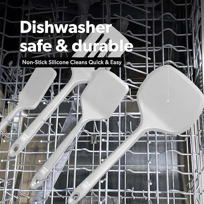 New DI ORO Seamless Series Moda 4-Piece Silicone Turner Spatula Set - 600°F Heat-Resistant Flexible Kitchen Spatulas for Nonstick Cookware - Flippers for Eggs & Pancakes - Utensils for Cooking (Stone)