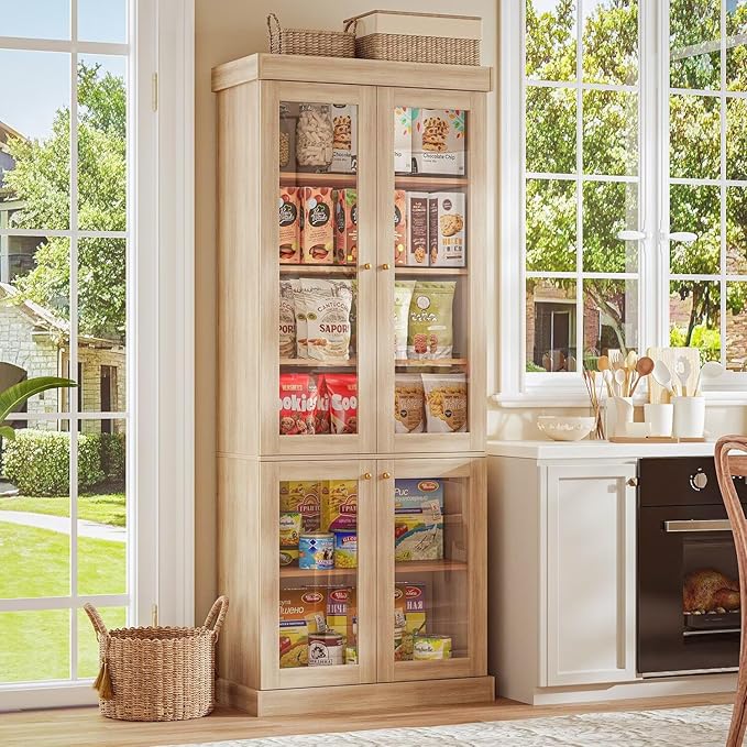 70.8" Tall Brown Bookshelf with Glass Doors, Farmhouse Modular Bookcase with 6-Tier Adjustable Shelves, Large Storage Cabinet for Home Office, Living Room, Set of 2