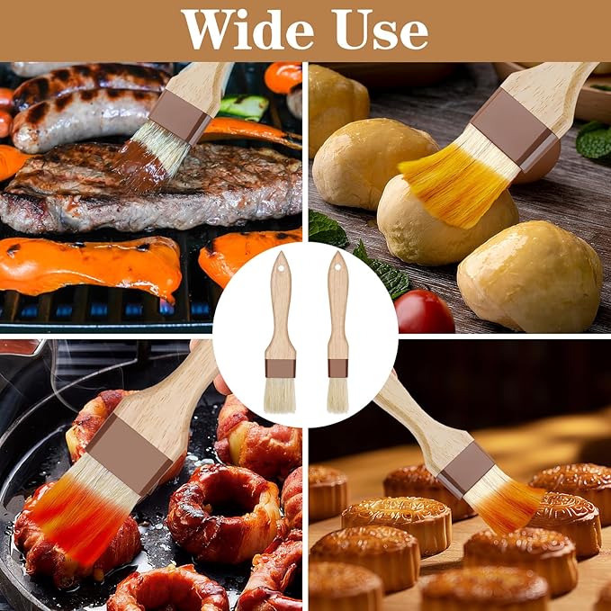 4 Pcs Natural Bristle Pastry Brush, Beech Wooden Handle Basting and BBQ Brushes for Cooking, Butter, Oil, Marinade, Grilling & Baking, Kitchen Food Brush (1 inch & 1.5 inch)