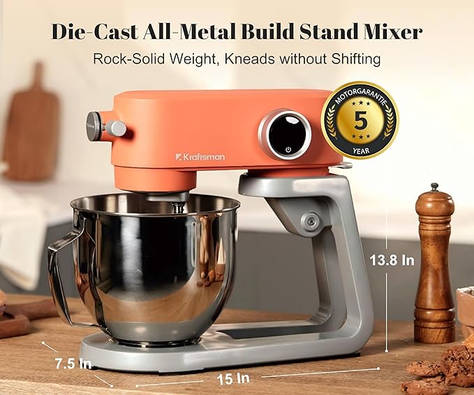 All-Metal Stand Mixer 5.3-Quart - Professional Kitchen Electric Food Mixer with Stainless Steel Mixing Bowl & Attachments for Baking, Dough & Cake, 8-Speed Control & Timer (Orange)