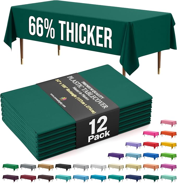 Exquisite 66% Thicker Premium Plastic Table Cloth Rectangle Table Cover 0.5 Mil 12 Pack Dark Green Table Cloth 54 Inch x 108 Inch Disposable Tablecloth Won't Tear Easily Like Cheap Thin Brands