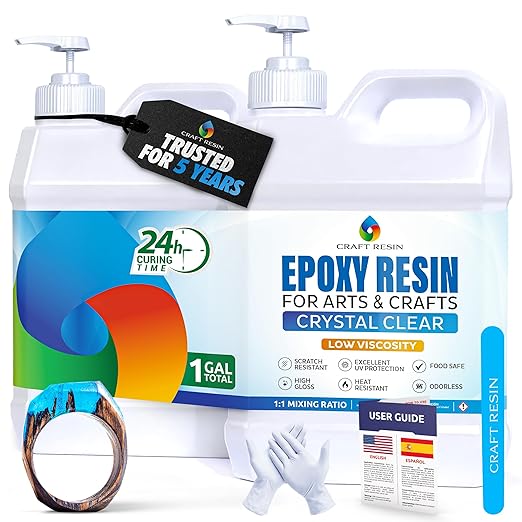 CRAFT RESIN 1 Gallon Crystal Clear Epoxy Resin Kit with Pumps - Food Safe & UV Resistant for DIY Art, Wood, Jewelry Making, Coasters, Mold Casting Resin Epoxy - Low Viscosity for Beginners & Pros