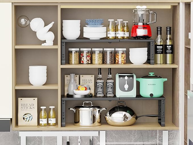 Adjustable Expanable Stackable Spice Rack Shelf Pantry Storage Organizer for Kitchen Cabinet,Countertop,Bathroom and More.Space is no Longer Limited(1Pack/Black/Medium)